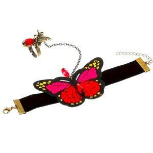 Red butterfly ring bracelet Bollywood style with pave red zirconia